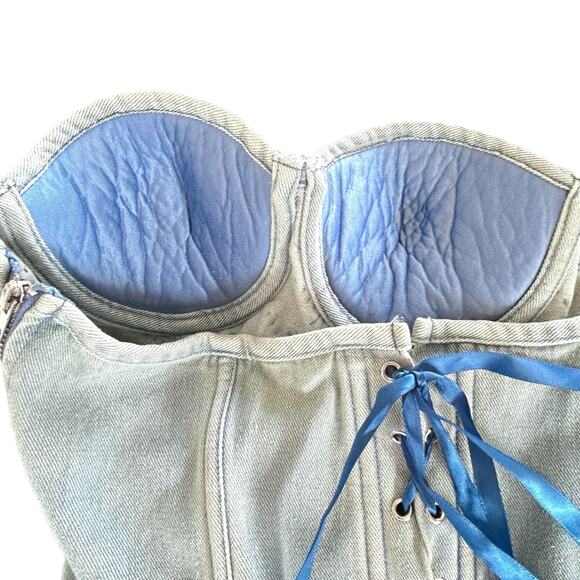 Y2k Western Rhinestone Lace Up Denim Corset Rock Womens M/L Rodeo Cowgirl Party - Picture 7 of 9